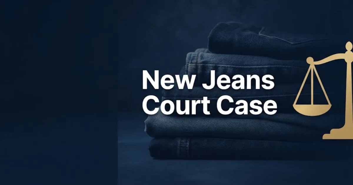 New jeans court case hero banner with denim fabric and scales of justice on navy background