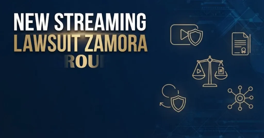 New streaming lawsuit Zamora Group hero banner with legal scales and streaming icons on navy background