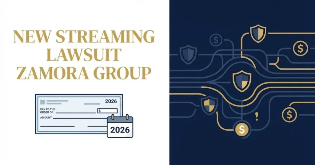 New streaming lawsuit Zamora Group settlement and eligibility graphic with check and calendar icons