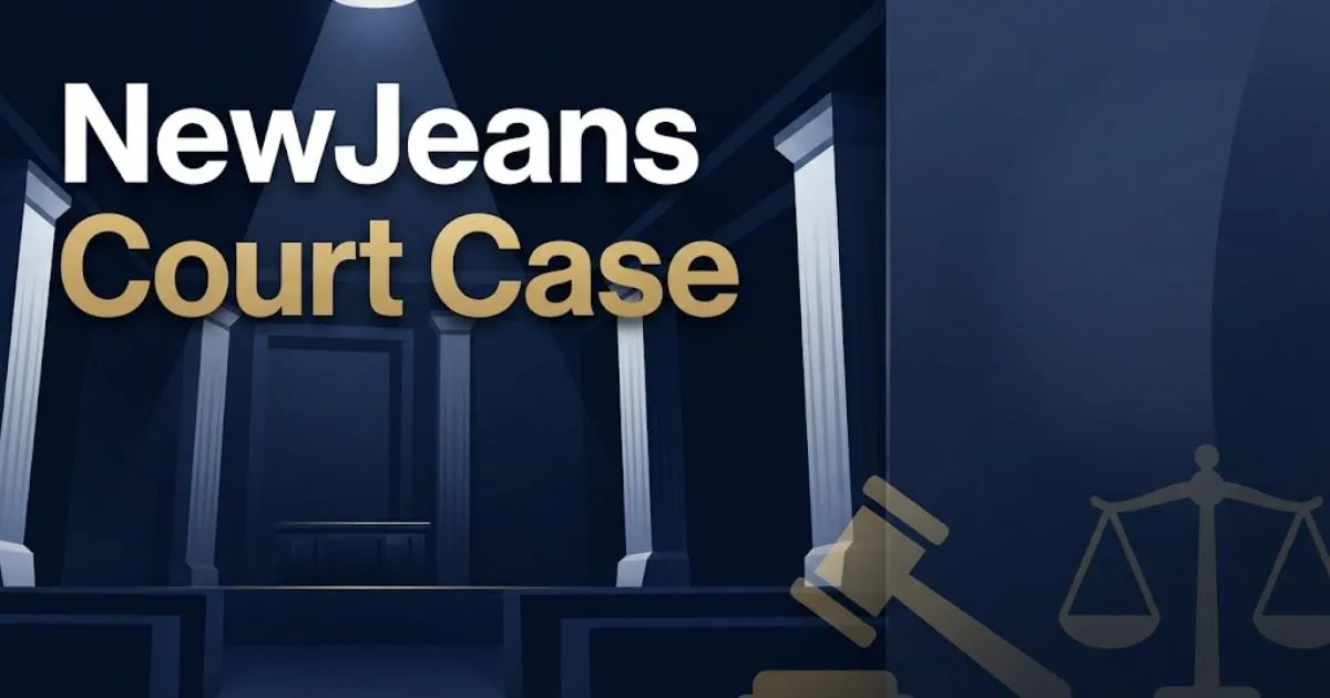 NewJeans court case hero banner with legal scales and courtroom imagery in navy and gold