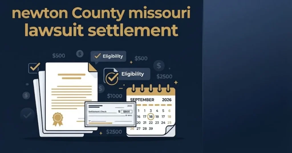 Newton County Missouri lawsuit settlement graphic showing legal documents, check icon, and 2026 deadline calendar