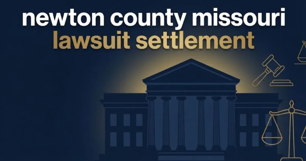 Newton County Missouri lawsuit settlement hero banner with courthouse silhouette and legal symbols in navy and gold