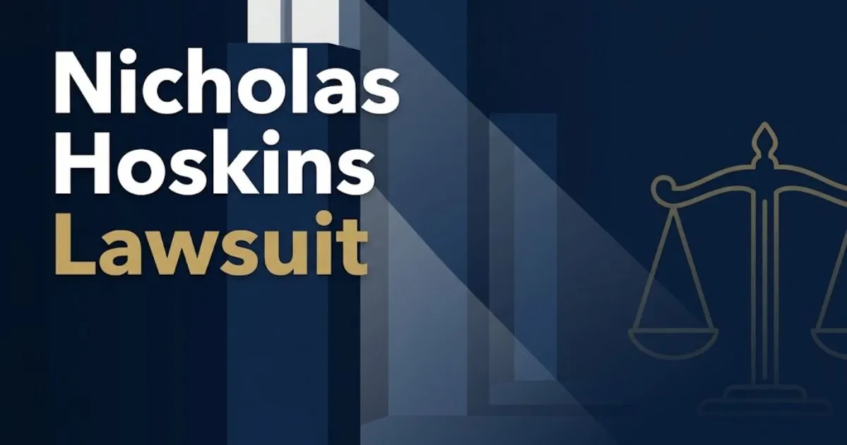 Nicholas Hoskins Lawsuit hero banner with gold scales of justice on deep navy background