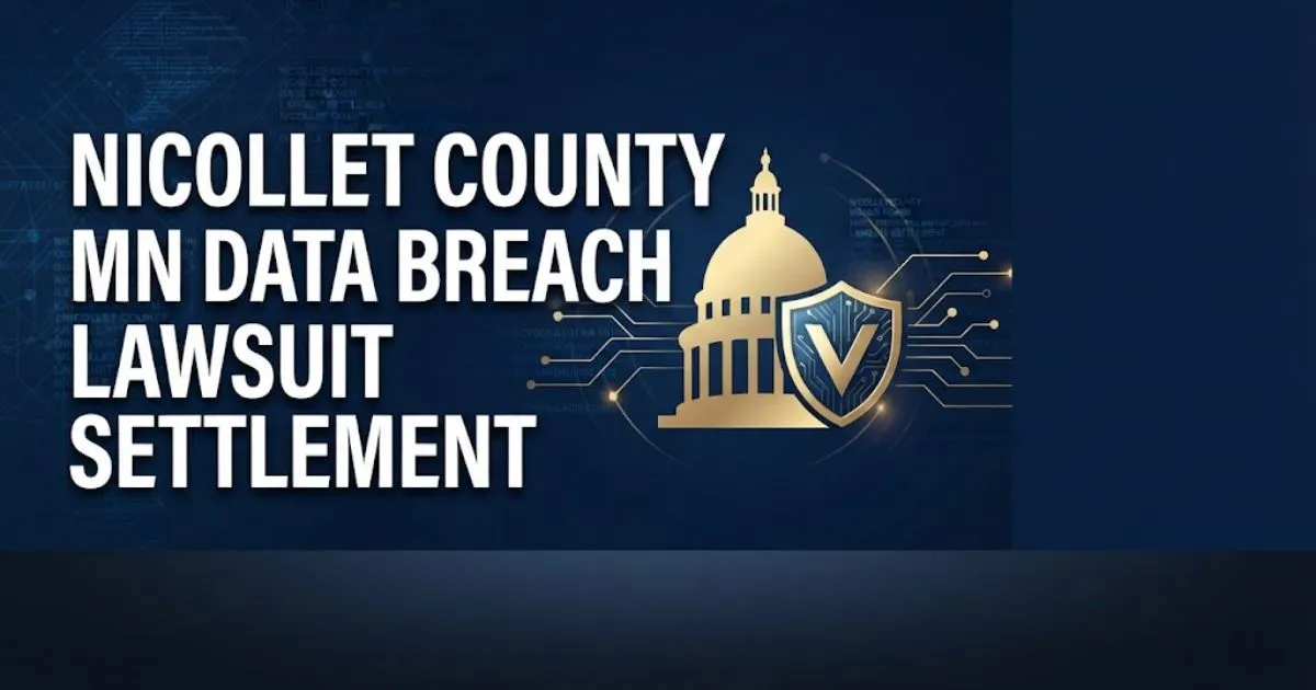 Nicollet County MN data breach lawsuit settlement banner with courthouse and digital shield icon on navy background