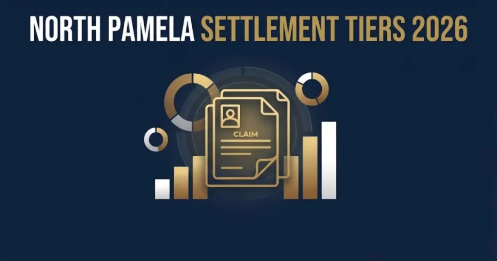 North Pamela settlement tiers 2026 graphic with claim documents and data charts on navy background