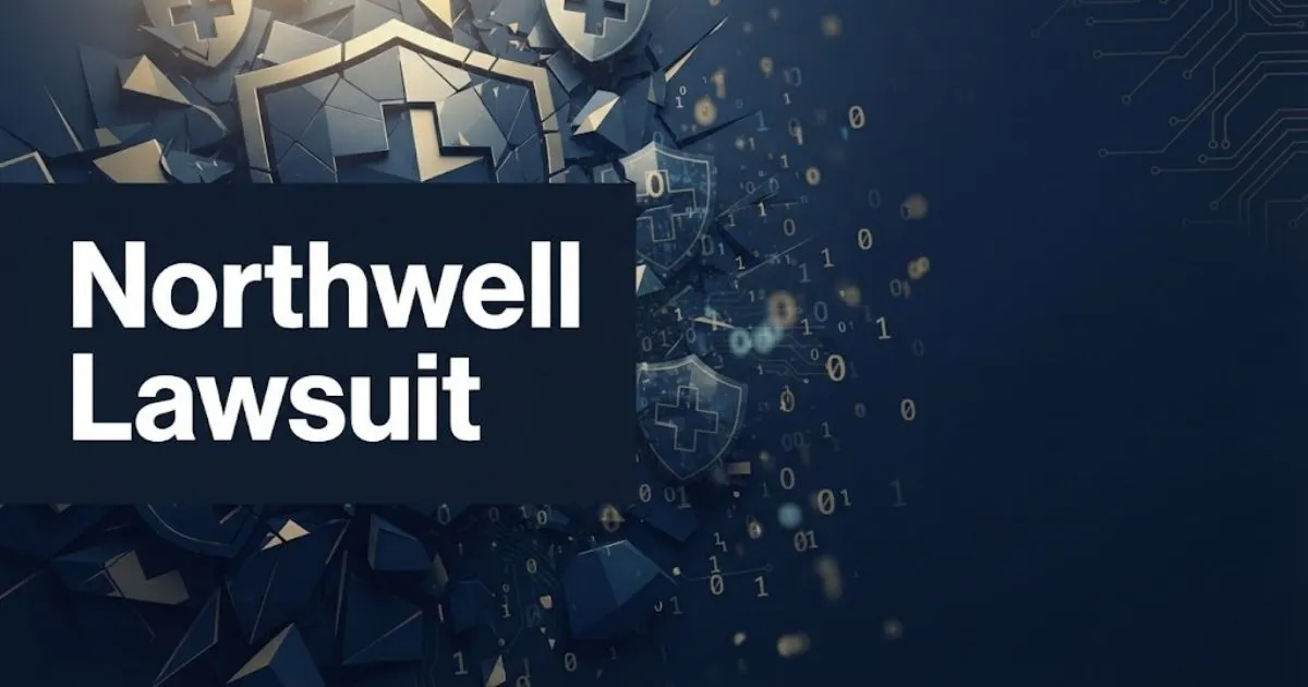 Northwell lawsuit hero banner with digital breach graphics and medical icons in navy and gold