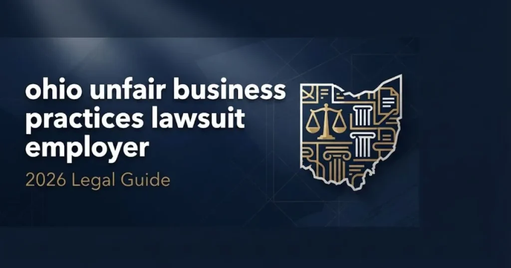 Ohio unfair business practices lawsuit employer 2026 legal guide banner with scales of justice and state outline