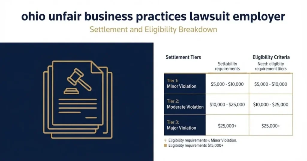 Ohio unfair business practices lawsuit employer settlement and eligibility breakdown infographic graphic