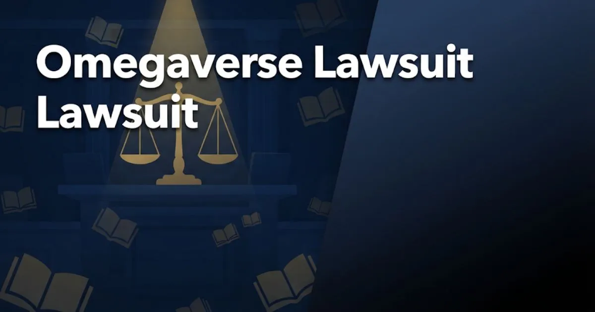 Omegaverse lawsuit hero banner with golden scales of justice and bold navy blue courtroom background
