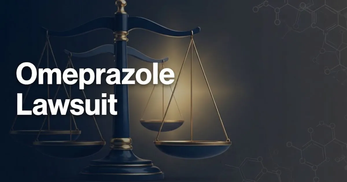 Omeprazole lawsuit hero banner with legal scales of justice in navy and gold on dark background