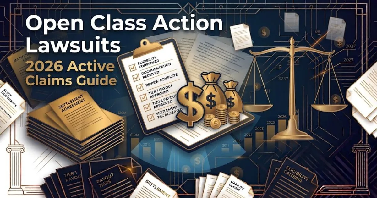 Open class action lawsuits 2026 hero banner with scales of justice and settlement claims graphics