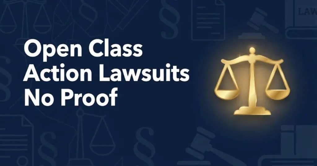 Open class action lawsuits no proof hero banner with gold scales of justice on navy background