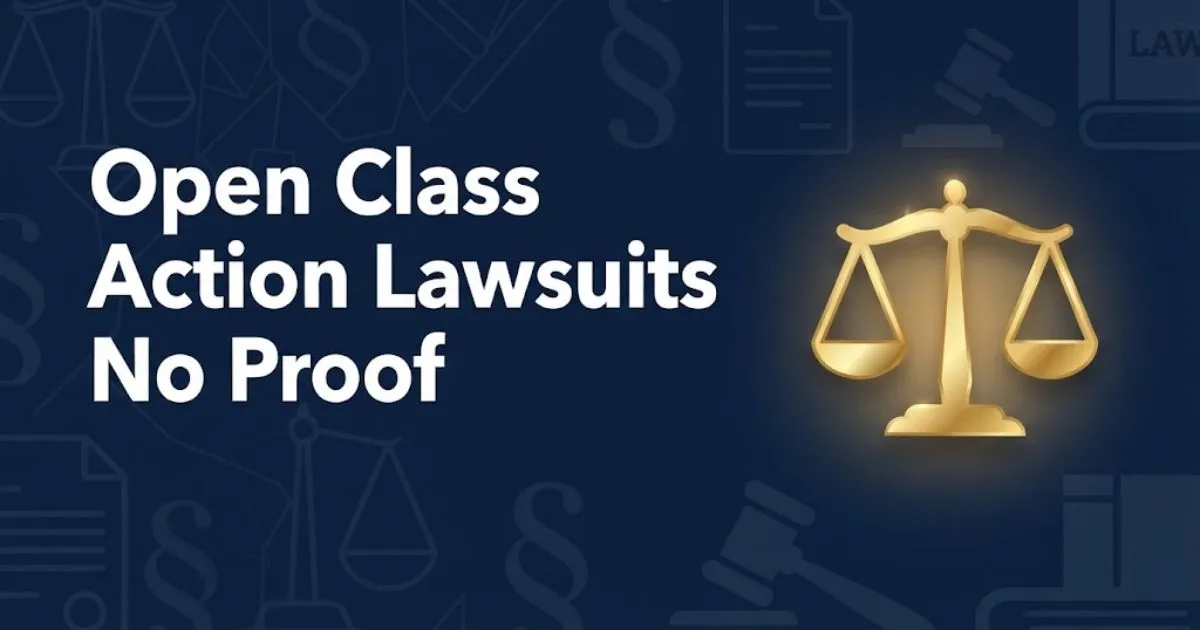 Open class action lawsuits no proof hero banner with gold scales of justice on navy background