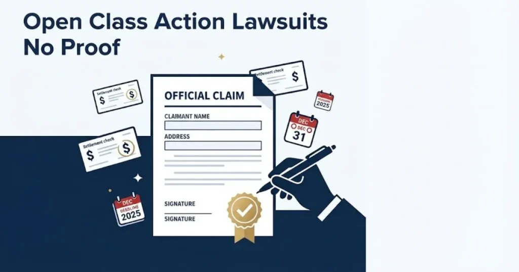 Open class action lawsuits no proof settlement claim form graphic with checkmark and deadline icons