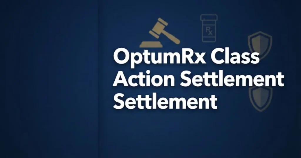 OptumRx class action settlement banner with legal icons on navy background