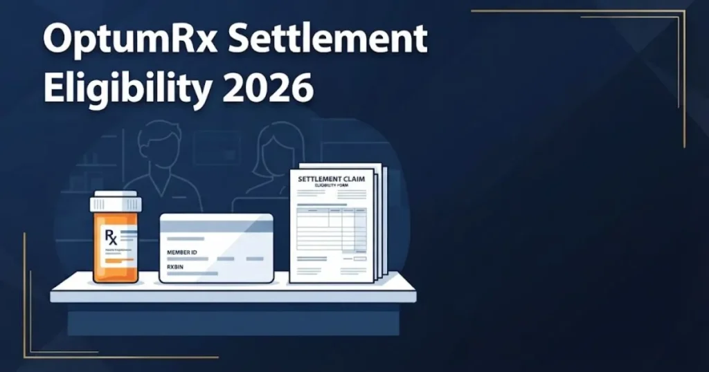 OptumRx class action settlement eligibility graphic with pharmacy and document icons