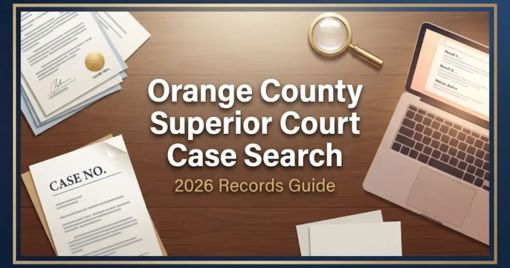 Orange County Superior Court Case Search desk scene with legal documents and 2026 records guide overlay