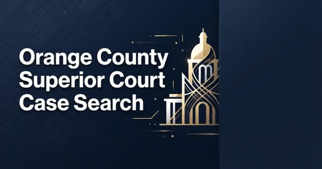 Orange County Superior Court Case Search hero banner with courthouse silhouette and navy gold design