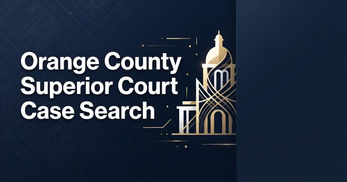 Orange County Superior Court Case Search hero banner with courthouse silhouette and navy gold design