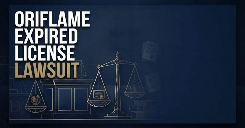 Oriflame expired license lawsuit hero banner with navy courtroom background and gold scales of justice