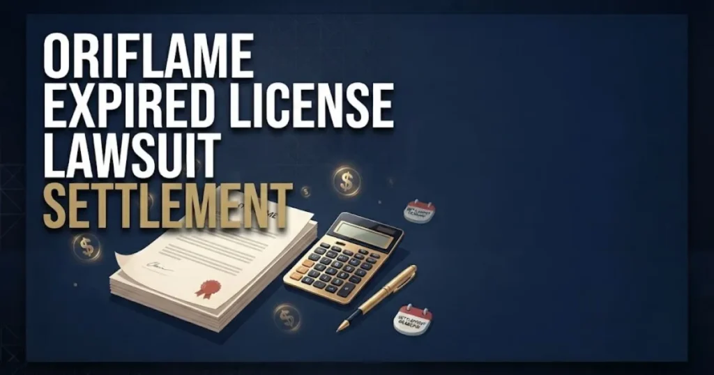 Oriflame expired license lawsuit settlement graphic with claim documents and deadline calendar on navy desk