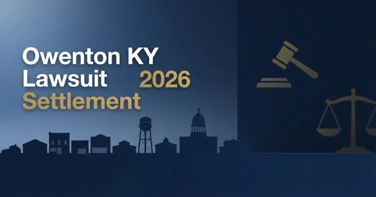 Owenton KY lawsuit settlement 2026 hero banner with legal symbols and Kentucky town silhouette in navy and gold