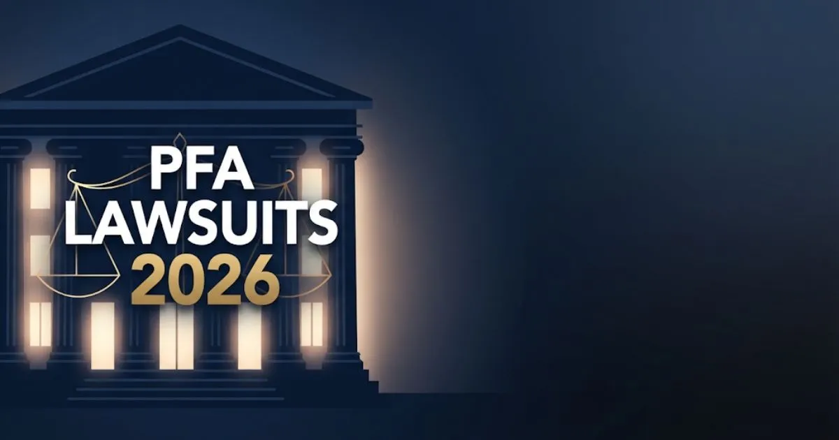 PFA lawsuit 2026 hero banner with courthouse silhouette and scales of justice in navy and gold
