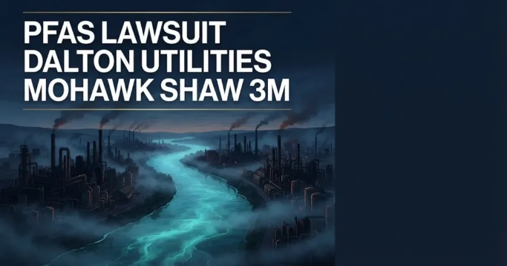 PFAS lawsuit Dalton Utilities Mohawk Shaw 3M hero banner with contaminated river and factory silhouettes