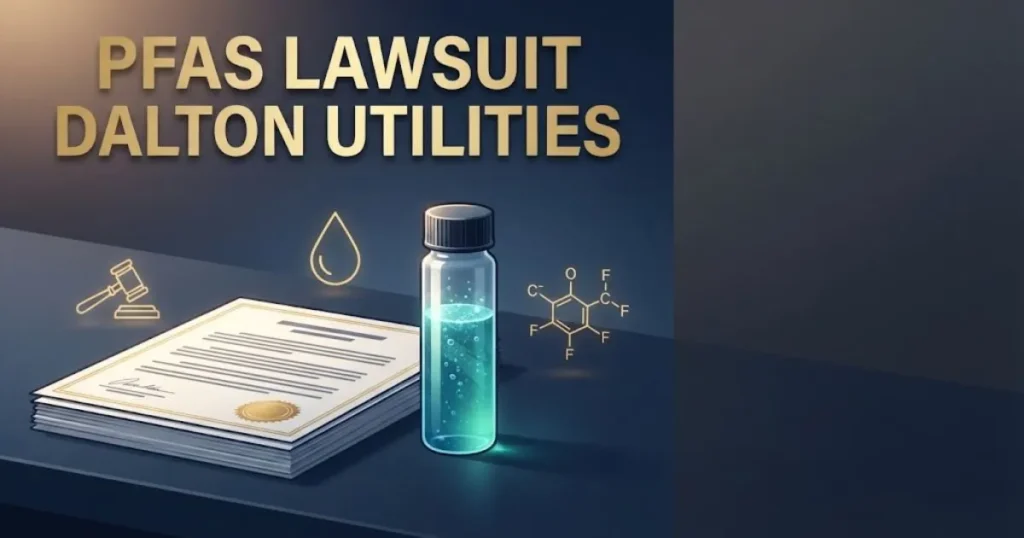 PFAS lawsuit Dalton Utilities supporting image with legal documents and water testing vial on dark desk