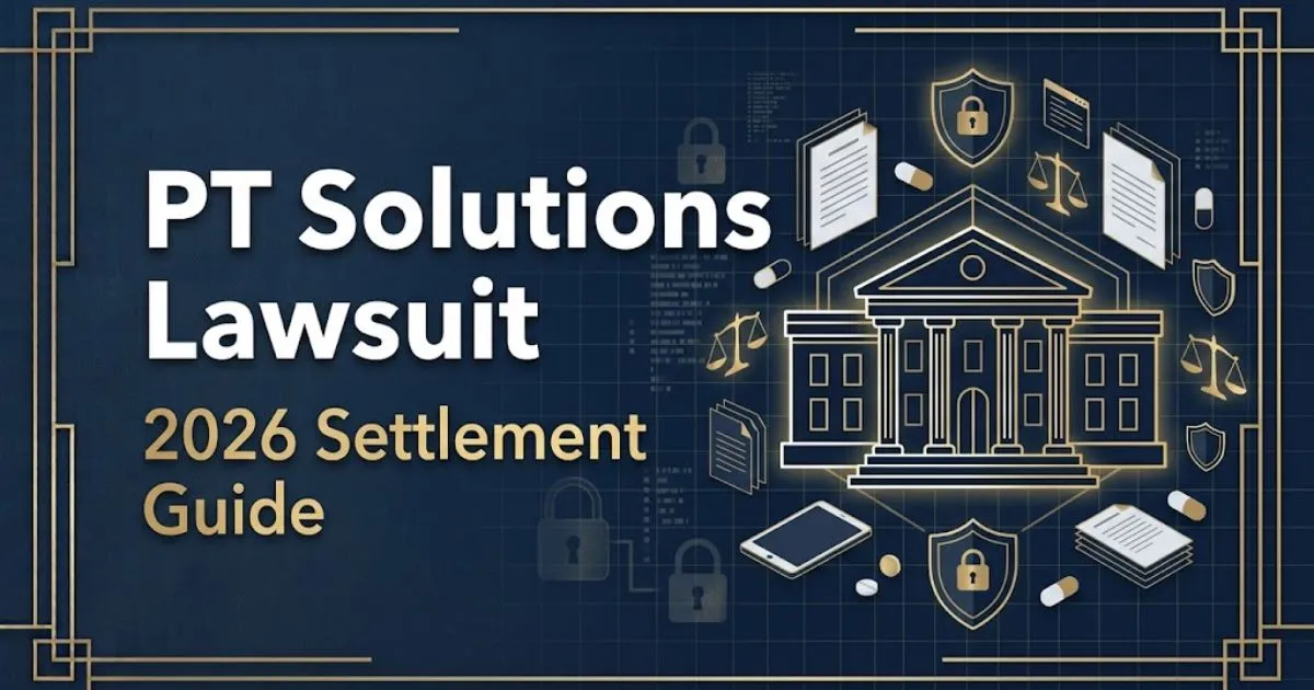 _PT Solutions Lawsuit 2026 hero banner with courthouse silhouette and data protection icons on navy background