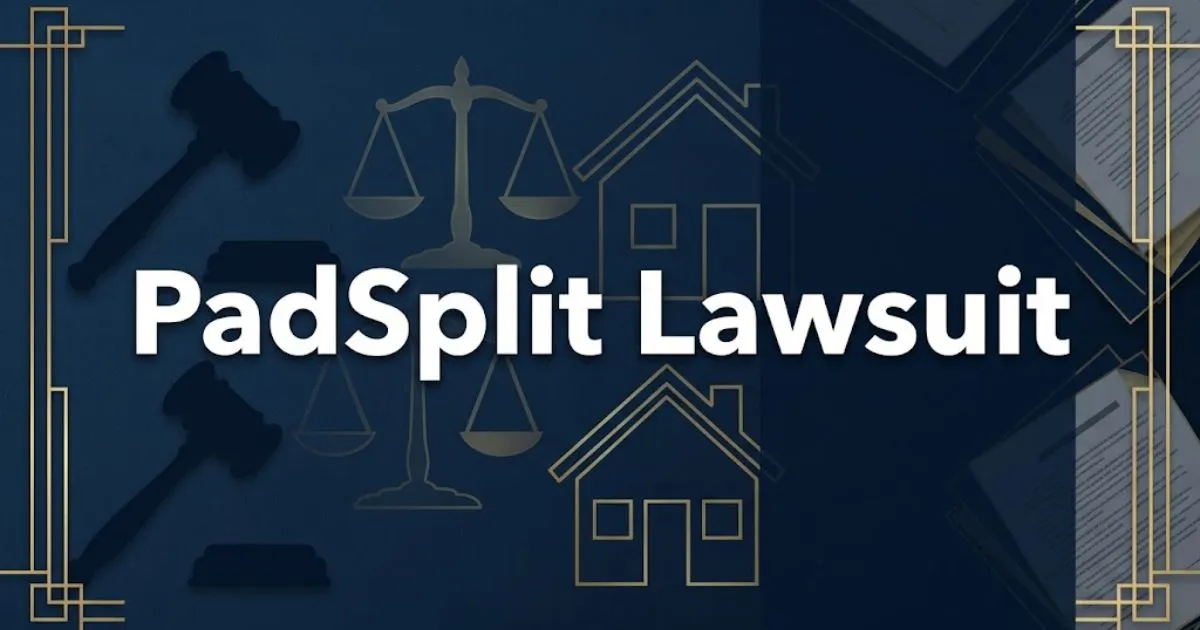 PadSplit Lawsuit hero banner with gavel and house icons on navy background