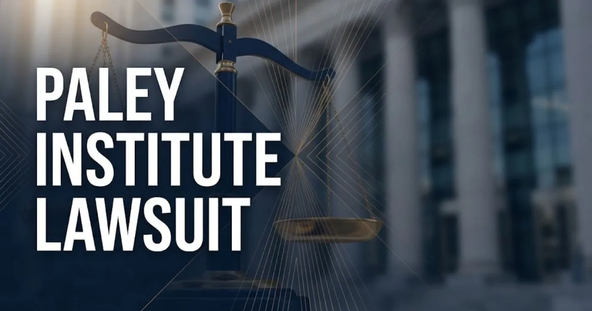 Paley Institute Lawsuit hero banner with legal scales and courthouse in navy and gold tones
