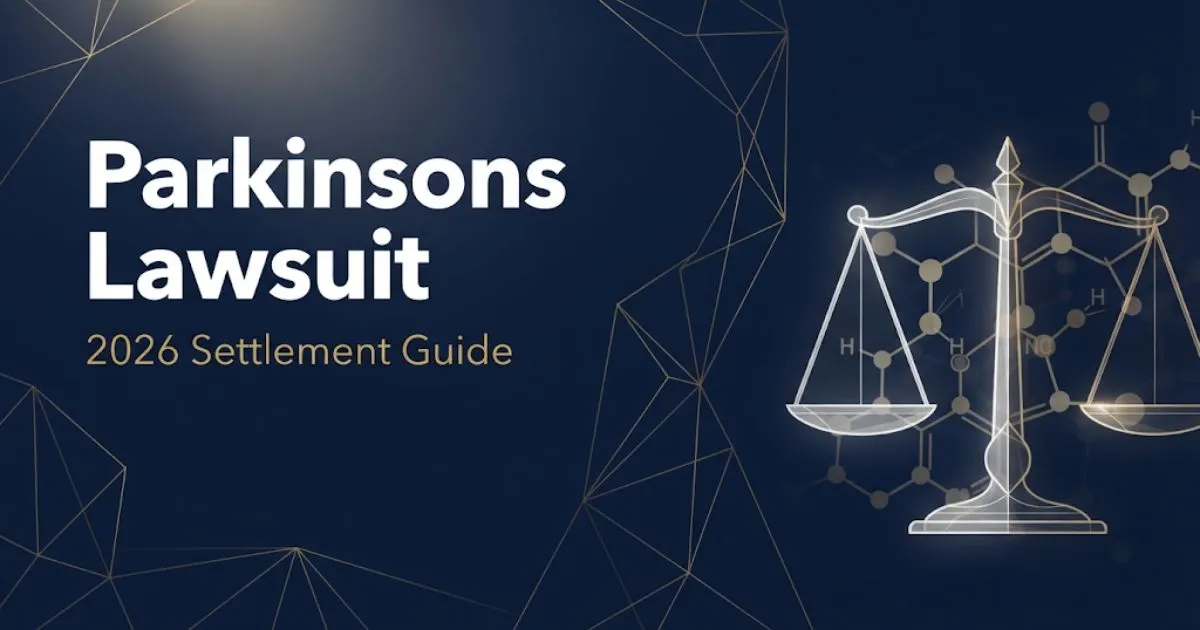 Parkinsons lawsuit hero banner with legal scales and molecular graphics on navy background