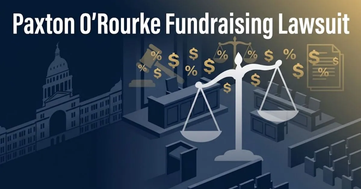 Paxton O'Rourke fundraising lawsuit hero banner with legal symbols and Texas capitol silhouette on navy background