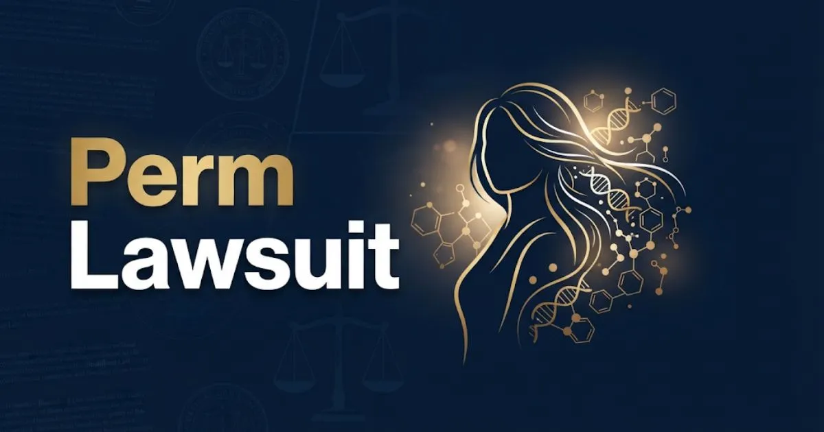 Perm Lawsuit hero banner with legal scales and chemical hair treatment imagery in navy and gold