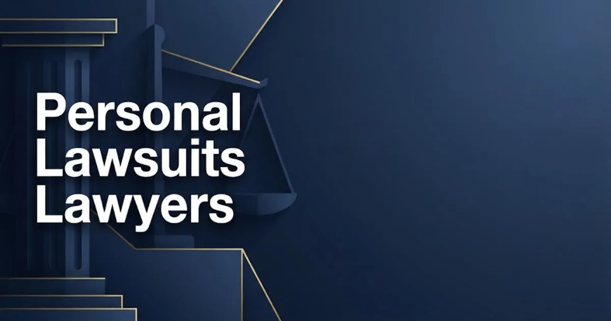 Personal lawsuits lawyers hero banner with abstract navy courthouse columns and gold scales of justice design