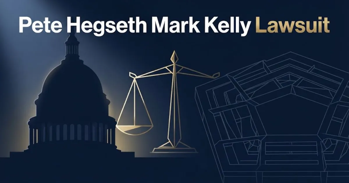 Pete Hegseth Mark Kelly Lawsuit hero banner with Capitol and Pentagon silhouettes and scales of justice