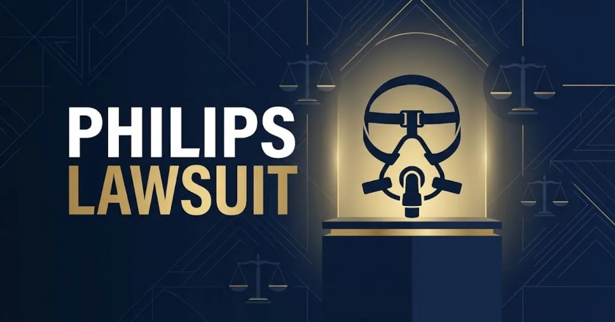 Philips lawsuit hero banner with CPAP device silhouette and gold legal scales on navy background