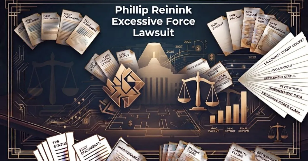 Phillip Reinink excessive force lawsuit banner with courthouse silhouette and gold legal scales on navy background