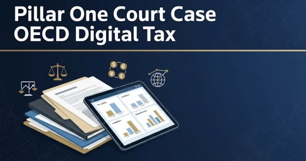 Pillar One Court Case OECD Digital Tax supporting graphic with legal documents and tax calculation charts in navy and gold