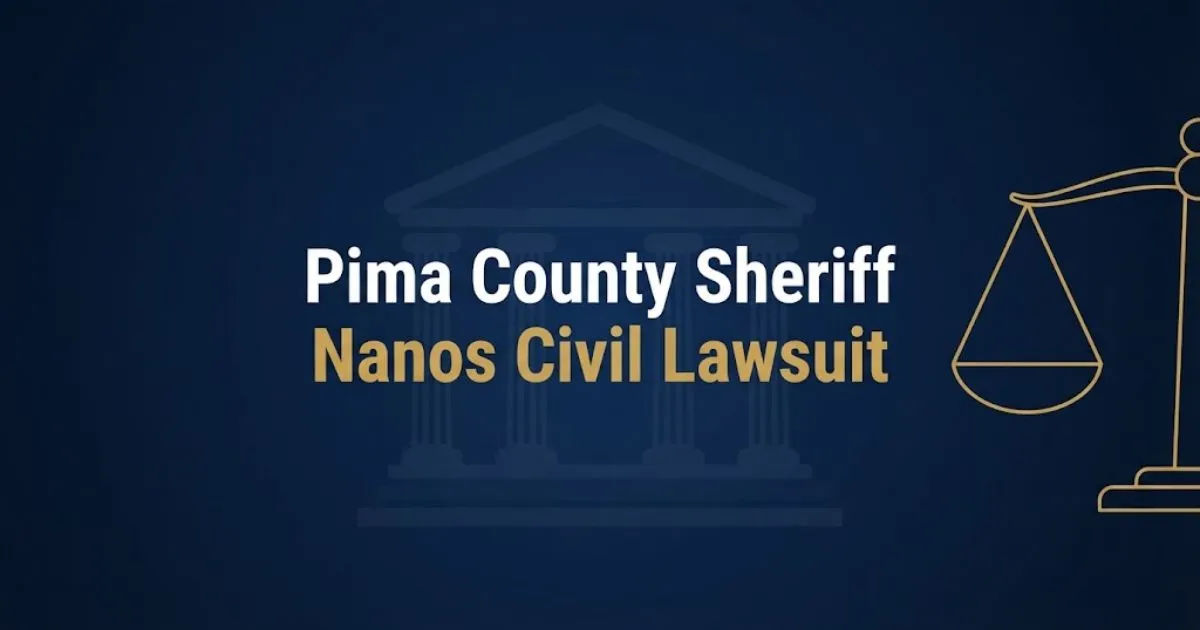 Pima County Sheriff Nanos civil lawsuit hero banner with courthouse silhouette and scales of justice on navy background