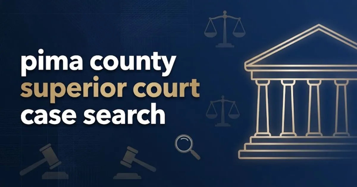 Pima County Superior Court case search hero banner with courthouse silhouette and legal icons on navy background