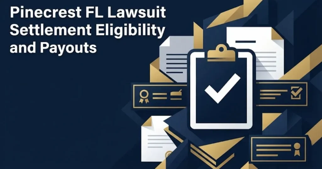 Pinecrest FL lawsuit settlement eligibility and payouts graphic with legal documents and check icon in navy and gold