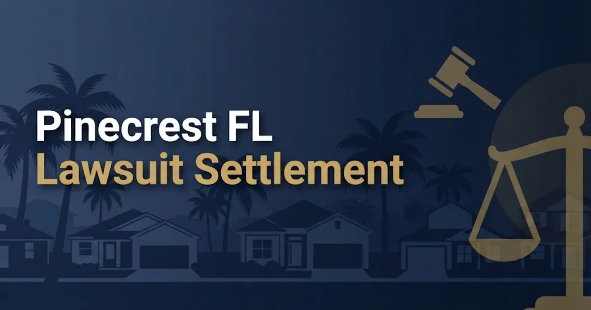 Pinecrest FL lawsuit settlement hero banner with navy blue Florida neighborhood silhouette and gold legal symbols