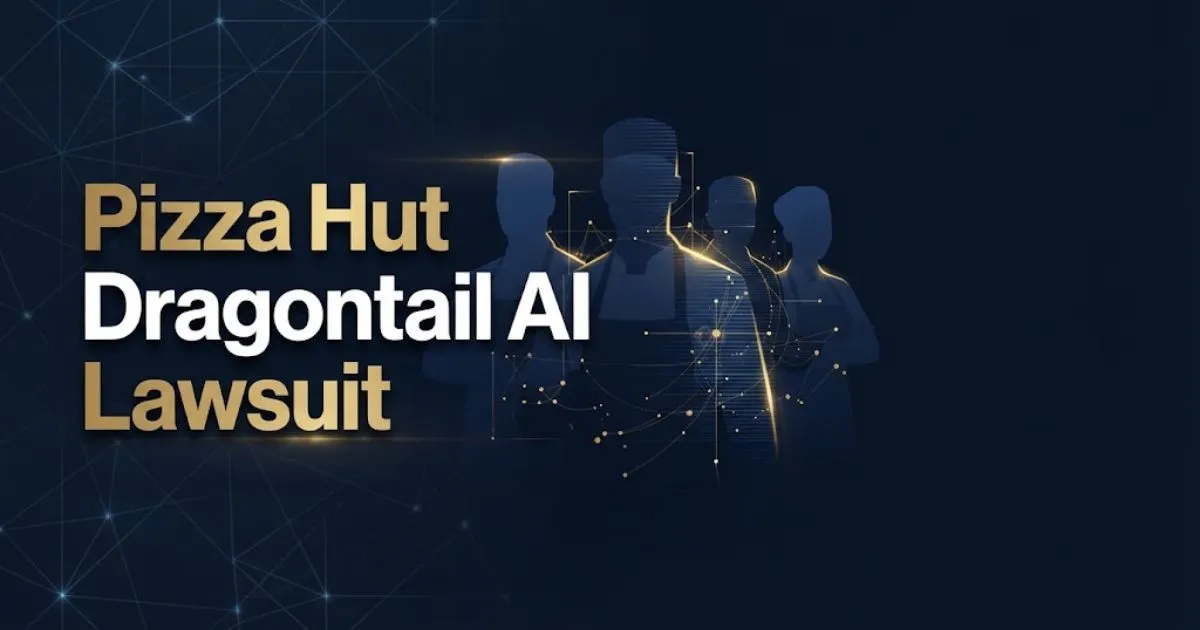 Pizza Hut Dragontail AI Lawsuit hero banner with abstract kitchen worker silhouettes under digital surveillance overlay