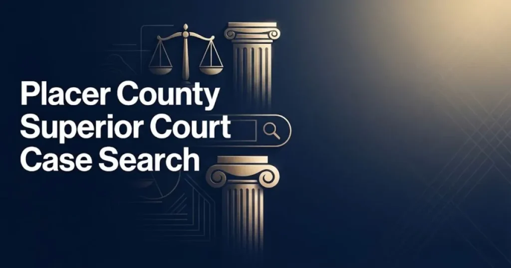 Placer County Superior Court Case Search hero banner with legal scales and digital search graphics in navy and gold