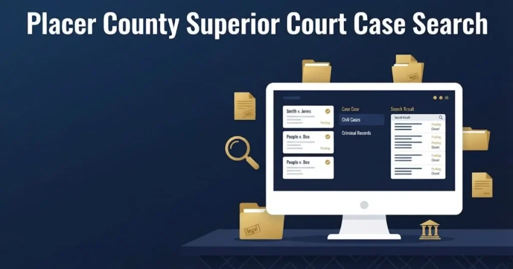 Placer County Superior Court Case Search illustration showing digital court records and docket files on a navy background