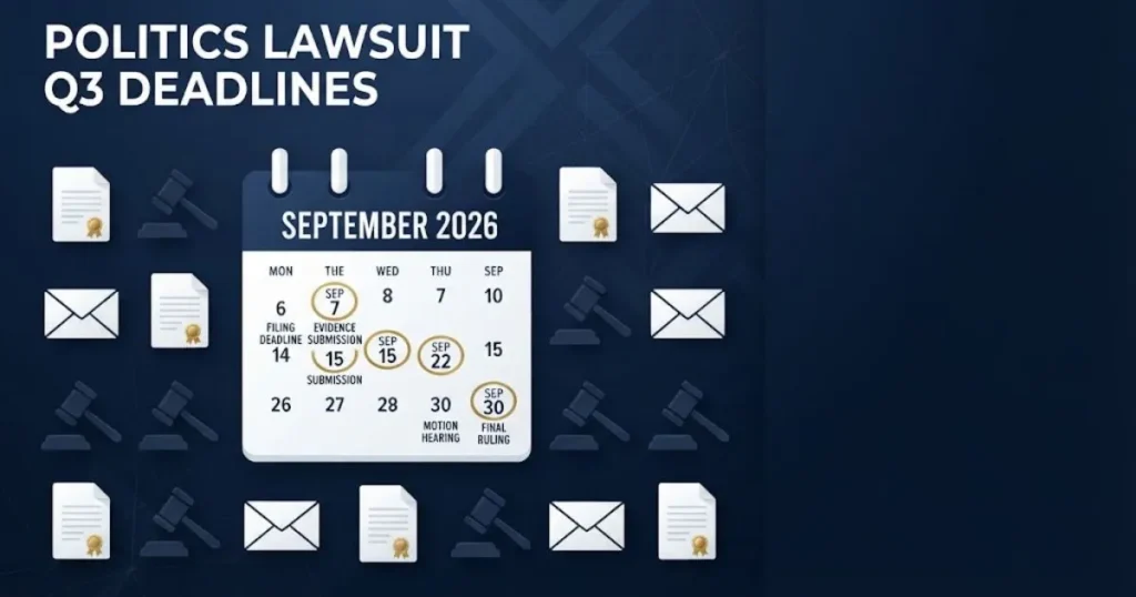 Politics Lawsuit Q3 Deadlines graphic with calendar, gavel icons, and ballot envelopes in navy and gold