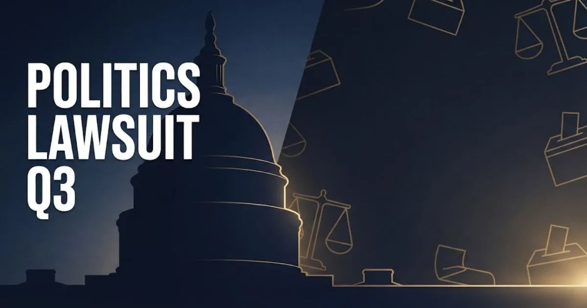 Politics Lawsuit Q3 hero banner with Capitol silhouette and legal scales in navy and gold