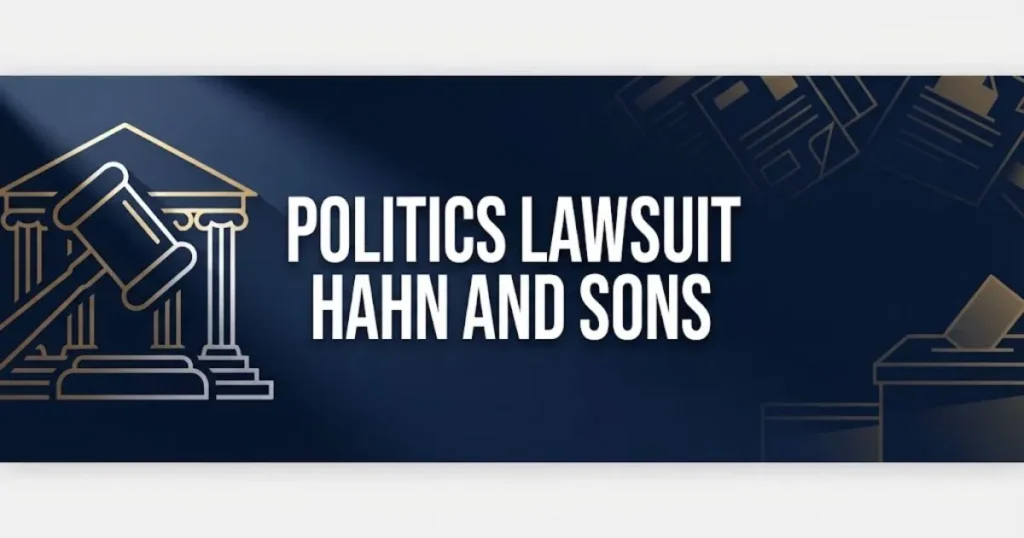 Politics lawsuit Hahn and Sons banner with gavel and government building icons on navy background